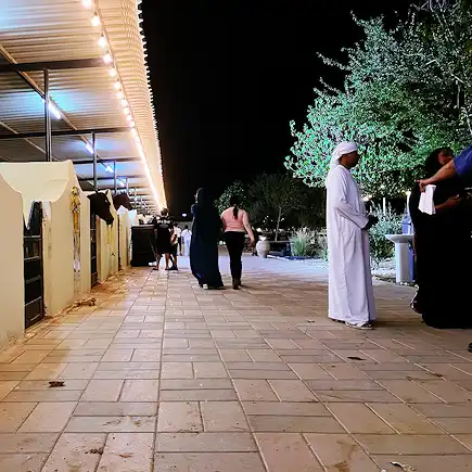 Visitors walking along the stables at Al Jazeerah Equestrian Club during the evening with horses in their stalls.